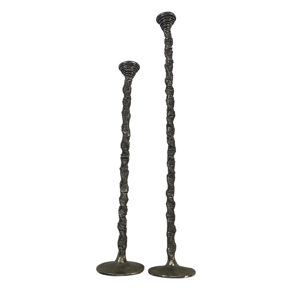 Patrick Meyer‎ Brutalist Pewter Candlesticks Set of 2 Textured Modernist Silver